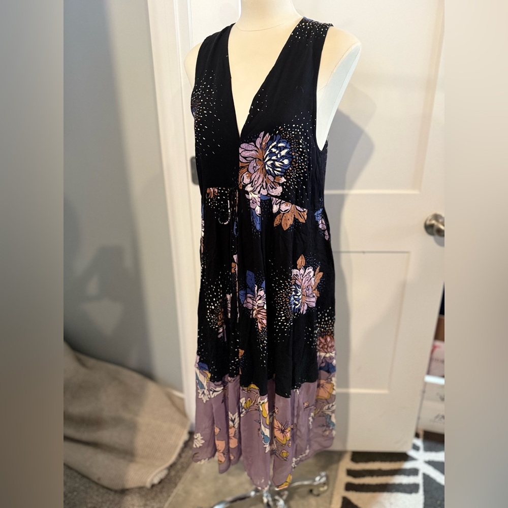 free people dress size medium black floral light weight feminine boho elegant